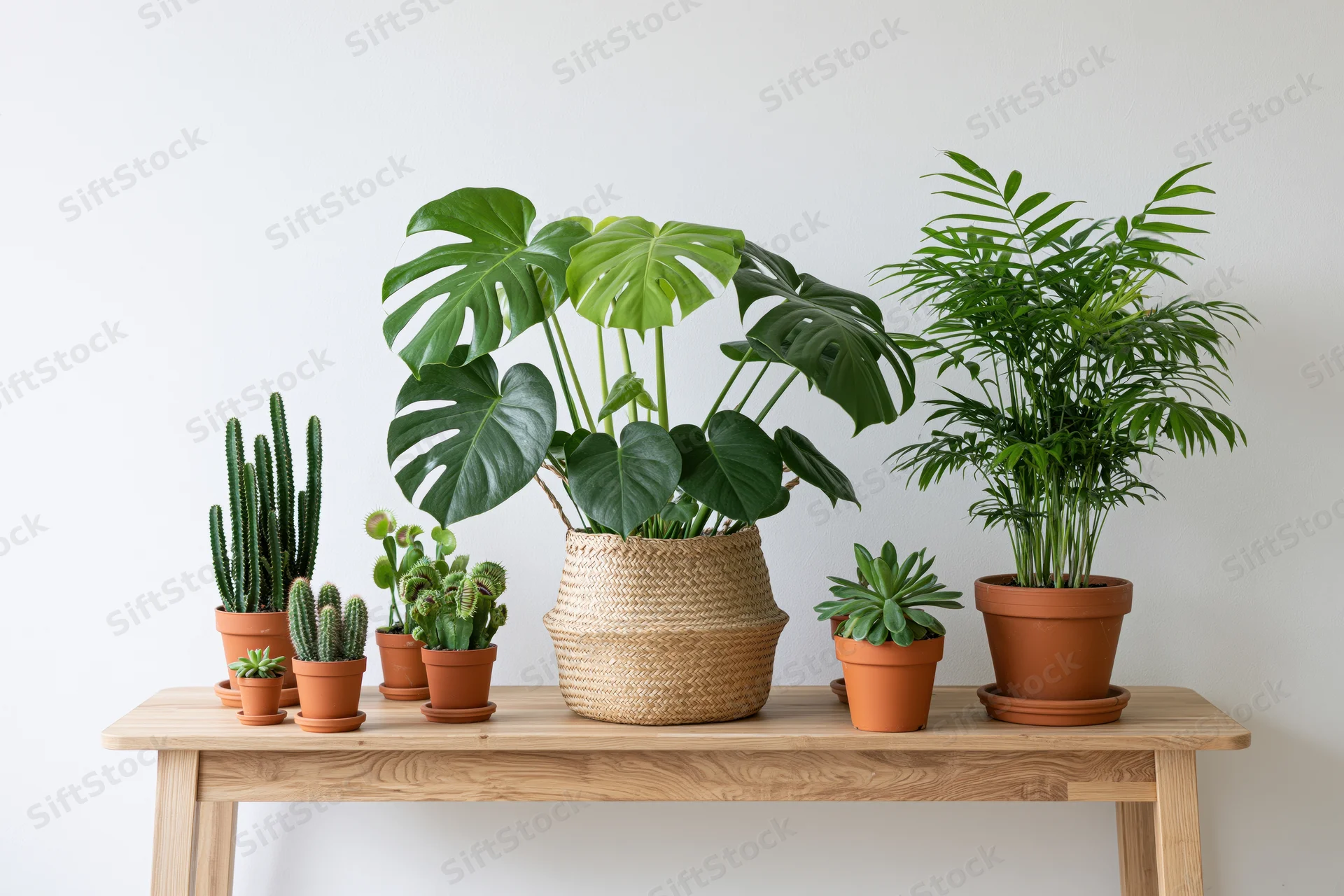 Houseplants arranged on a light wood console table against a white wall