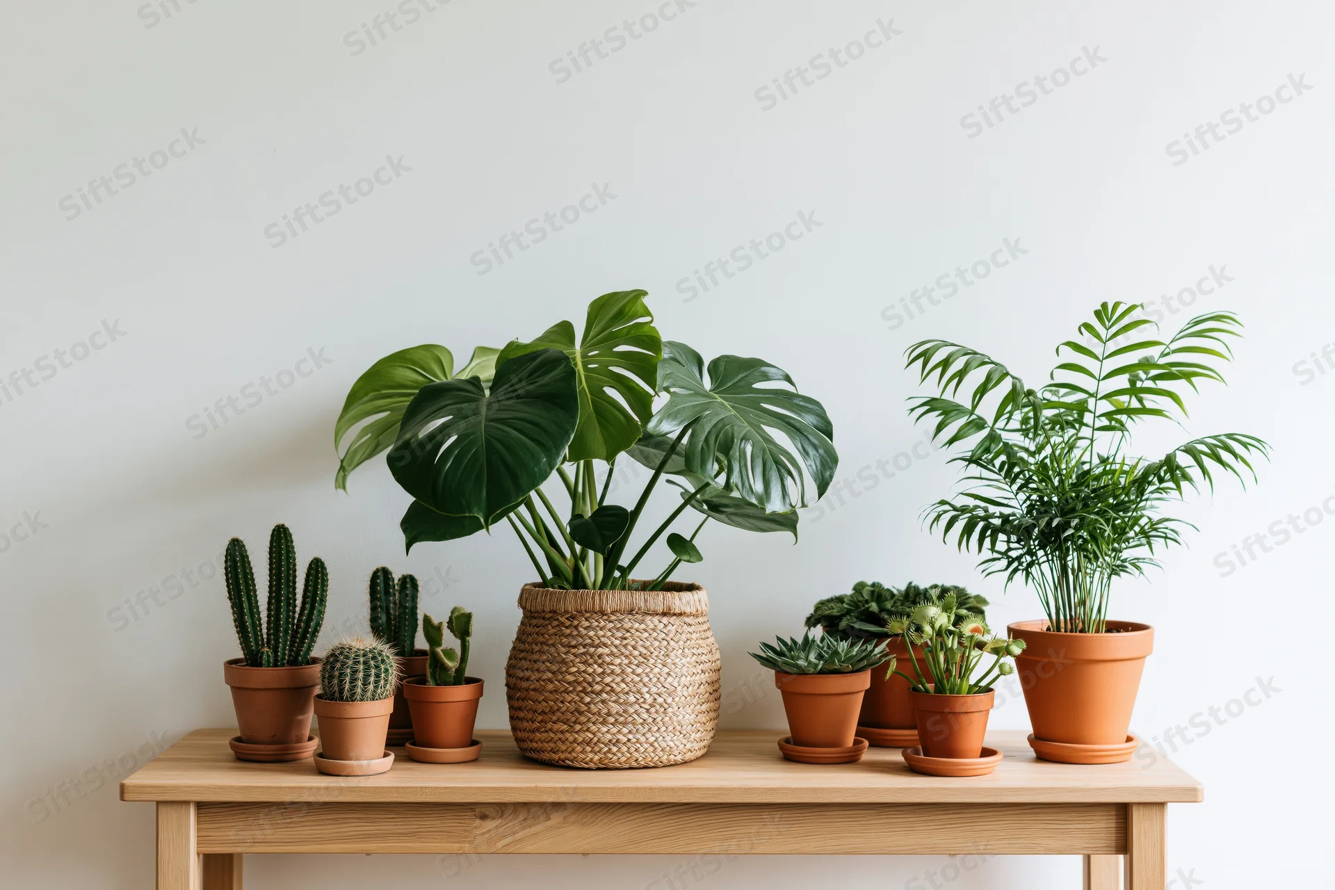 Houseplants arranged on a light wood console table against a white wall
