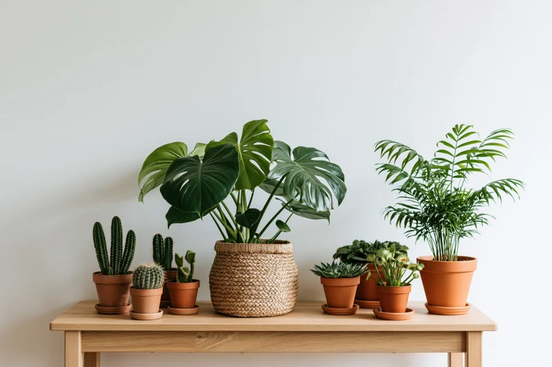 Houseplants arranged on a light wood console table against a white wall