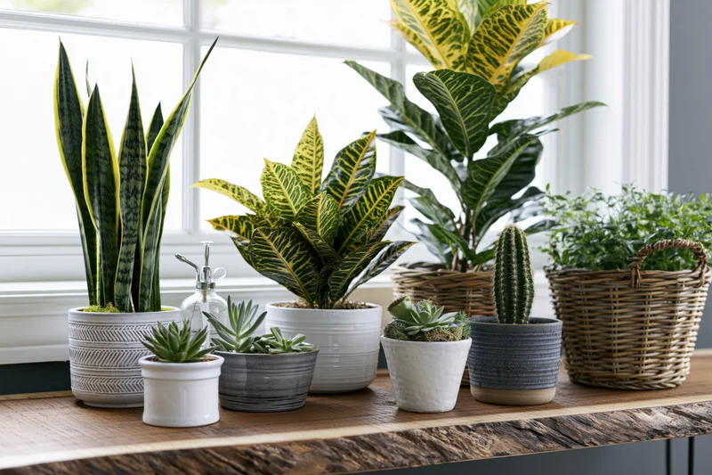 Houseplants arranged on a live-edge wooden table by a window