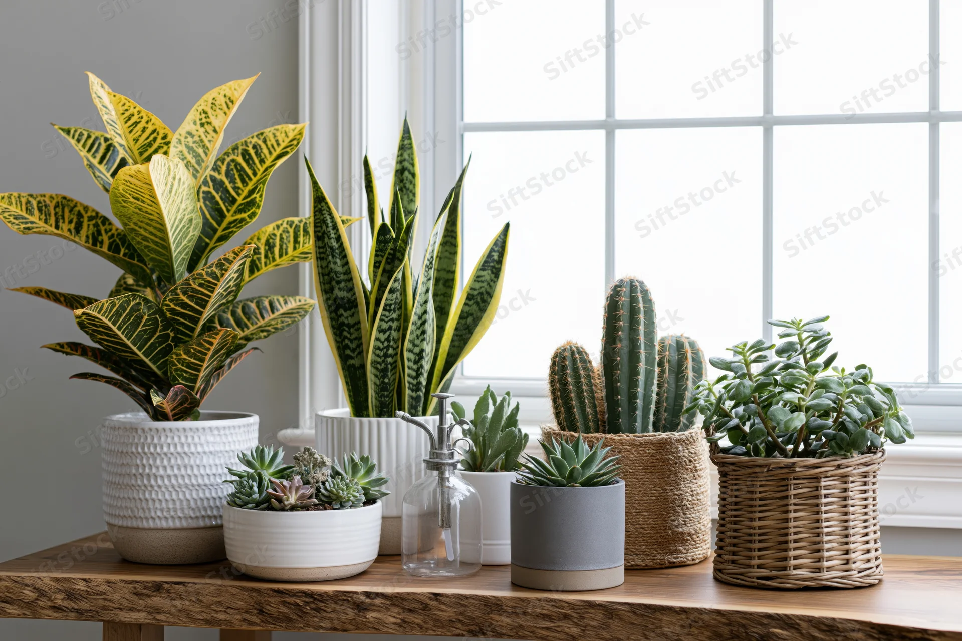 Houseplants arranged on a live-edge wooden table by a window