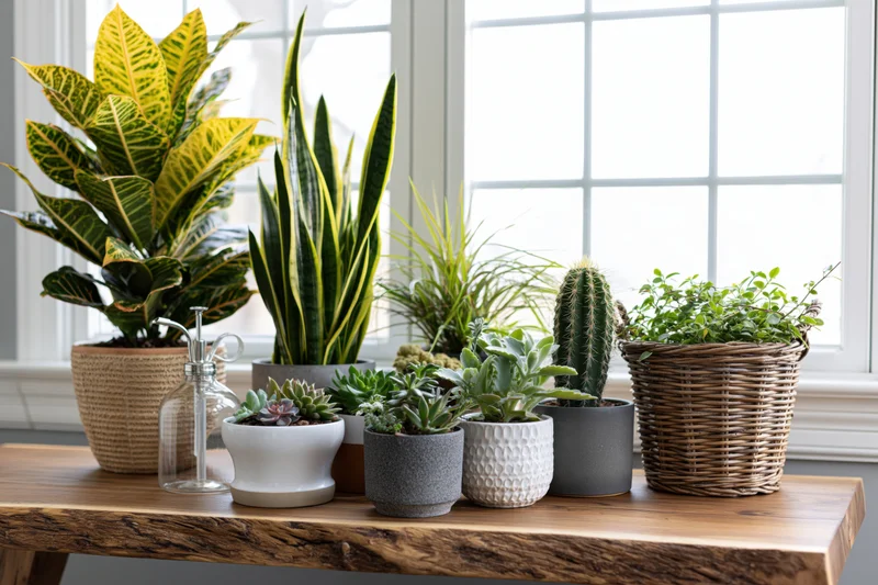 Houseplants arranged on a live-edge wooden table by a window