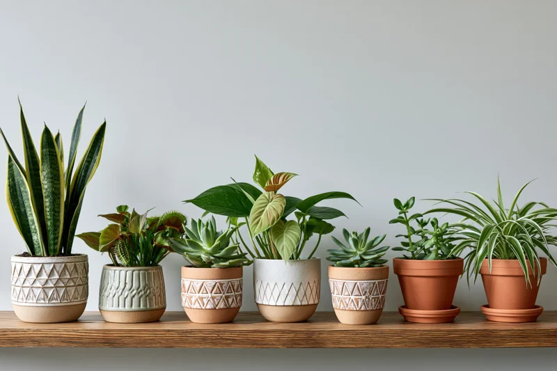 Row of potted houseplants including succulents and leafy greens arranged on a wooden shelf against a plain wall