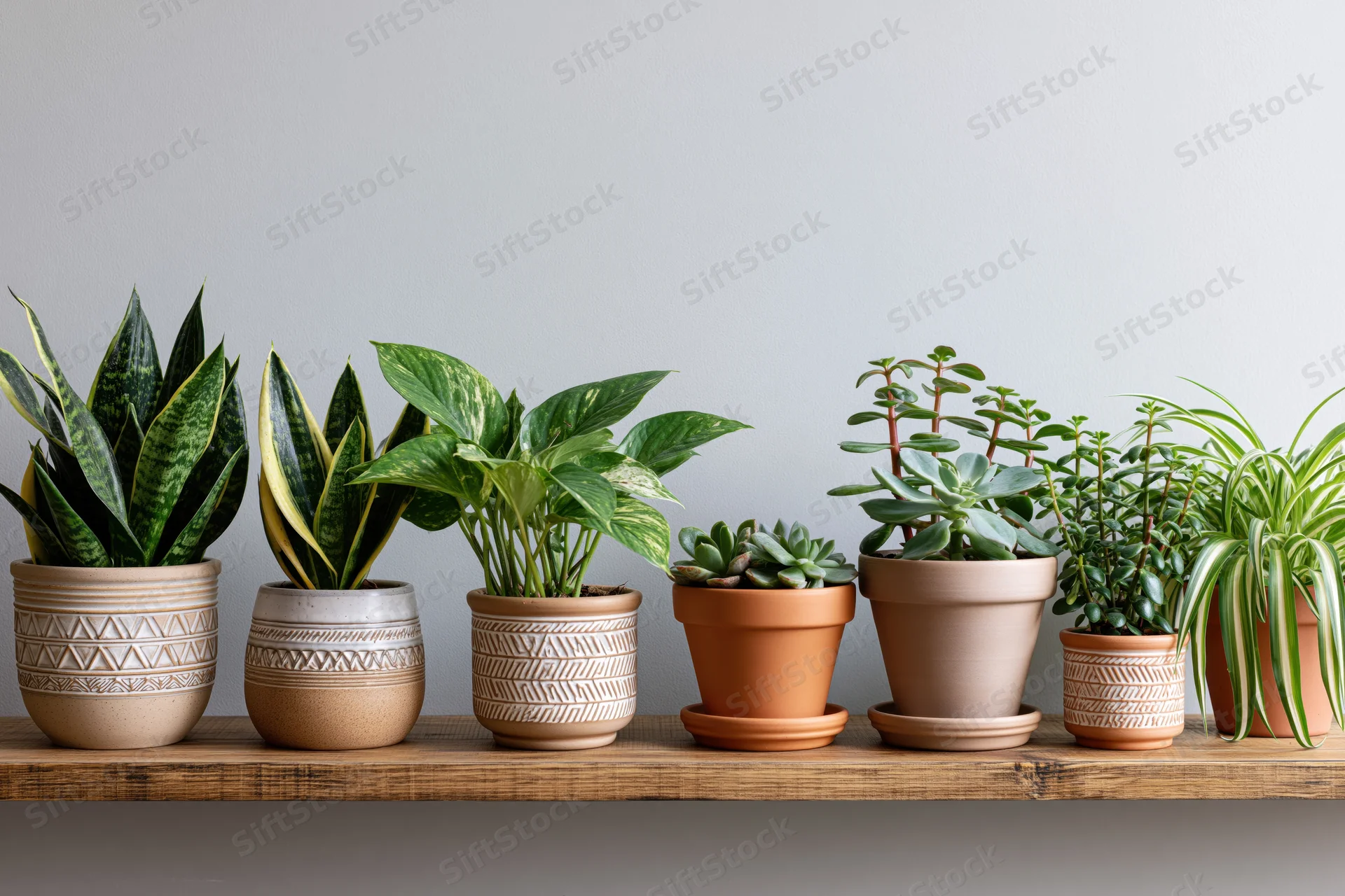 Row of potted houseplants including snakeplant, pothos, spiderplant and succulents arranged on a wooden shelf against a plain wall