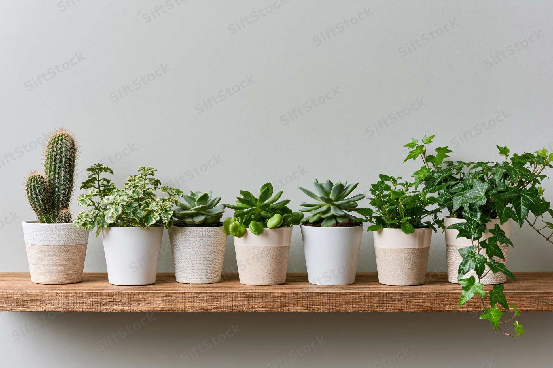 Row of small potted houseplants including succulents and ivy arranged on a wooden shelf against a plain wall