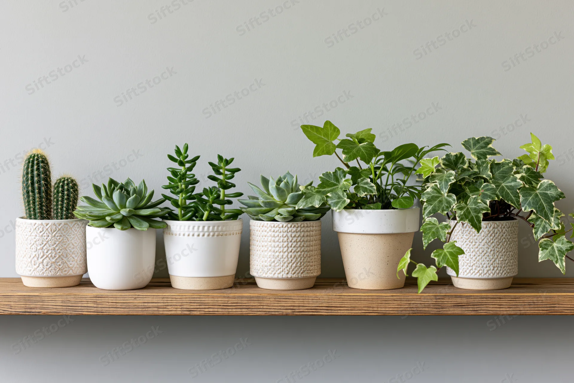 Row of small potted houseplants including succulents and ivy arranged on a wooden shelf against a plain wall