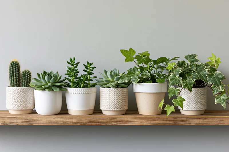Row of small potted houseplants including succulents and ivy arranged on a wooden shelf against a plain wall