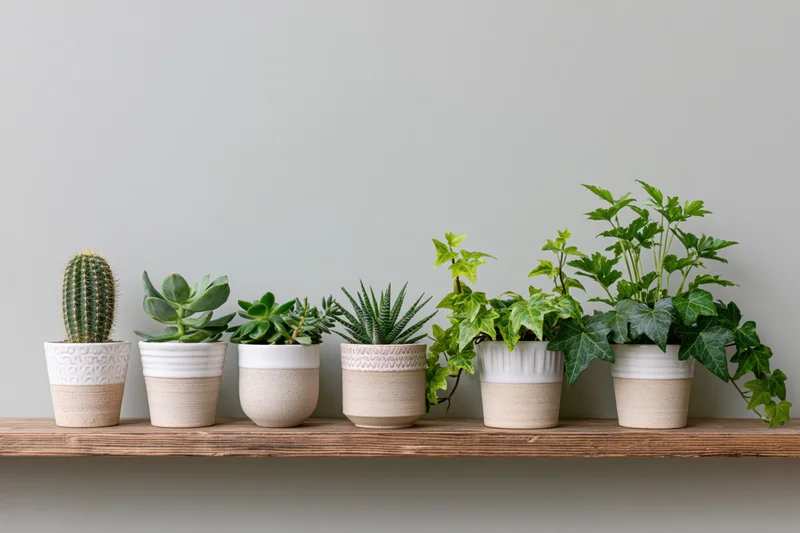 Row of small potted houseplants including cactus, succulents and ivy arranged on a wooden shelf against a plain wall