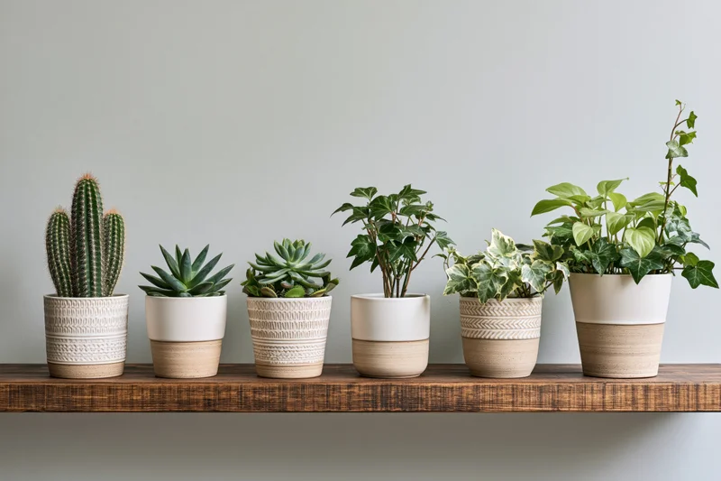 Row of small potted houseplants including cactus, succulents and ivy arranged on a wooden shelf against a light wall