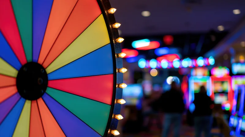 Colorful spinning prize wheel in a casino with blurred slot machines and neon lights in the background