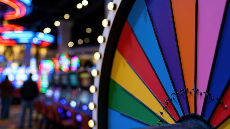 Colorful spinning prize wheel in a casino arcade with blurred neon lights in the background