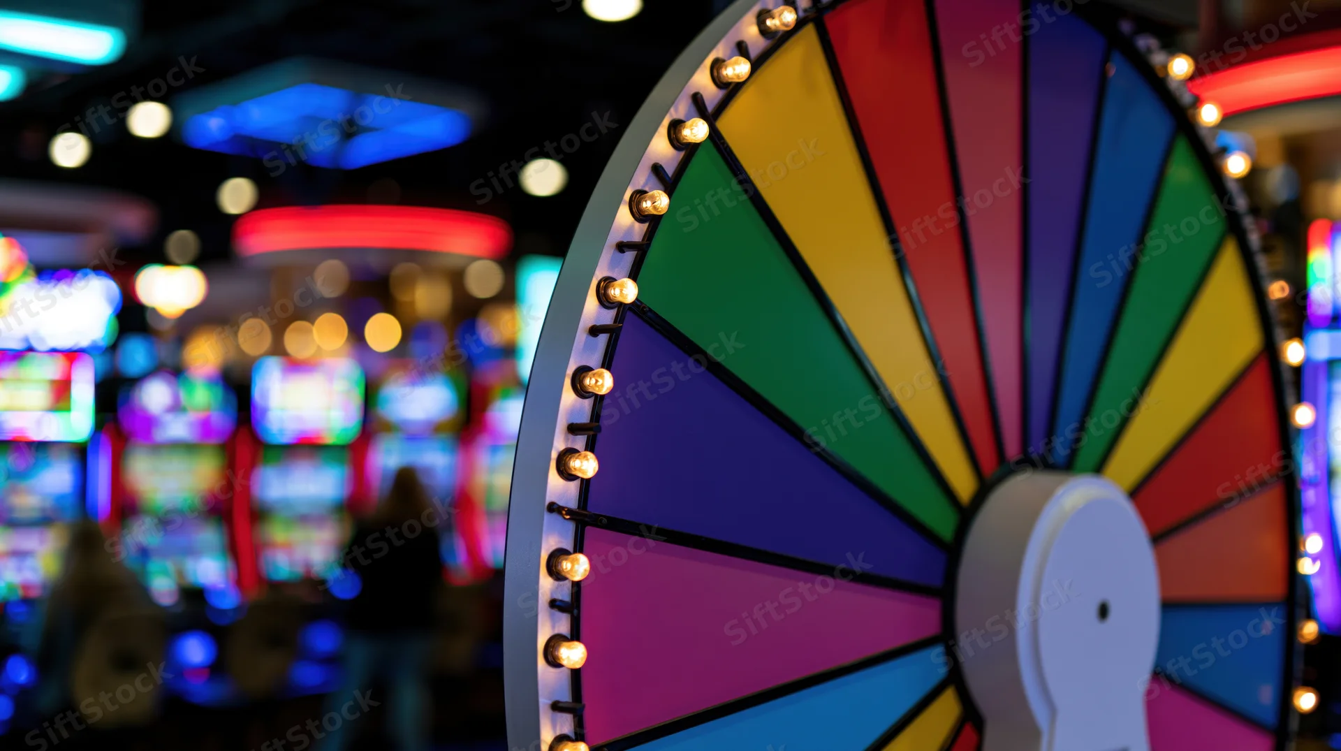 Colorful spinning prize wheel with rainbow segments in a casino arcade setting