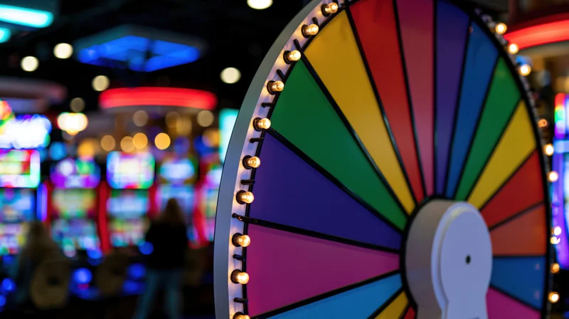 Colorful spinning prize wheel with rainbow segments in a casino arcade setting