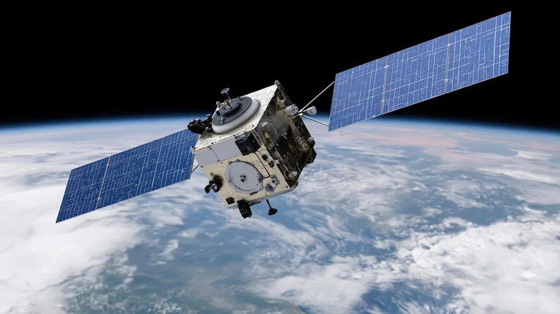 Communications satellite orbiting earth with extended blue solar panels