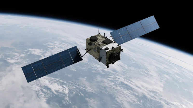 Communications satellite with extended blue solar panels orbiting earth