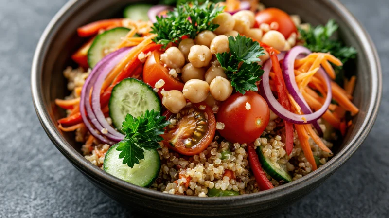 Dark ceramic bowl filled with quinoa salad topped with chickpeas and mixed vegetables on a gray surface
