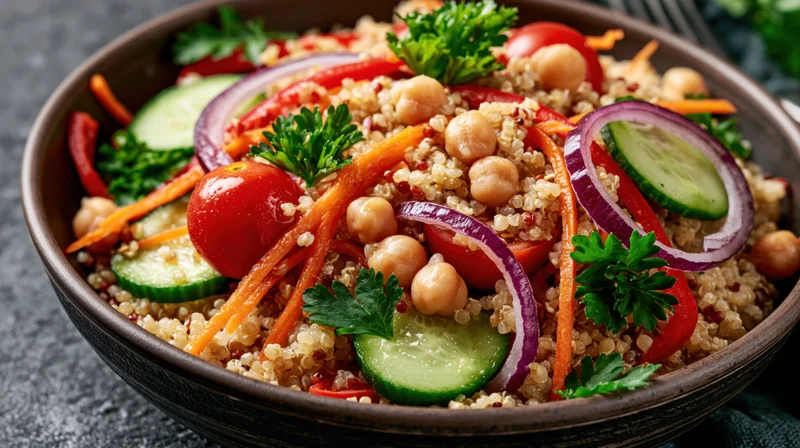 Quinoa salad with chickpeas and vegetables in a dark ceramic bowl