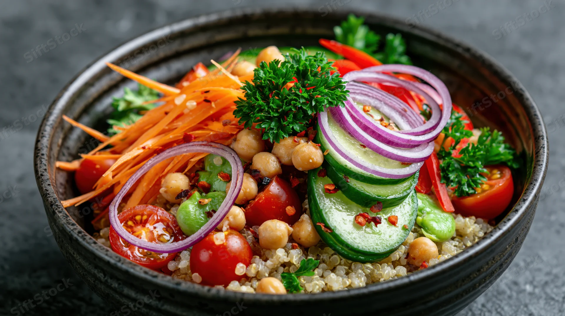Quinoa salad with vegetables and chickpeas in a dark ceramic bowl