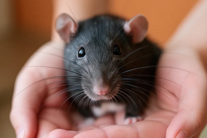 Dark grey domestic rat held gently in cupped human hands