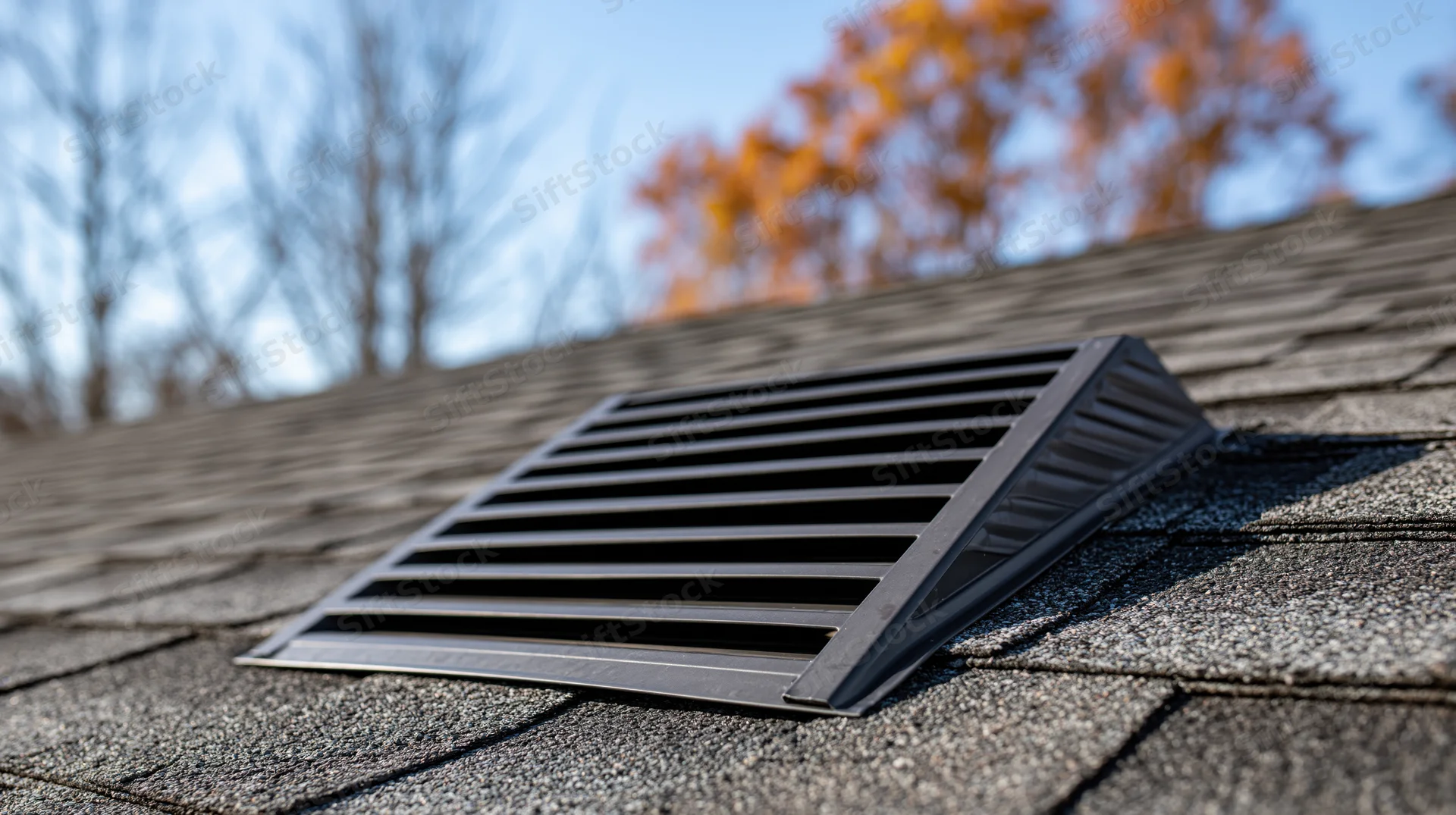 Ridge vent cap on asphalt shingle roof with autumn trees in background