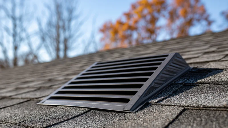 Ridge vent cap on asphalt shingle roof with autumn trees in background
