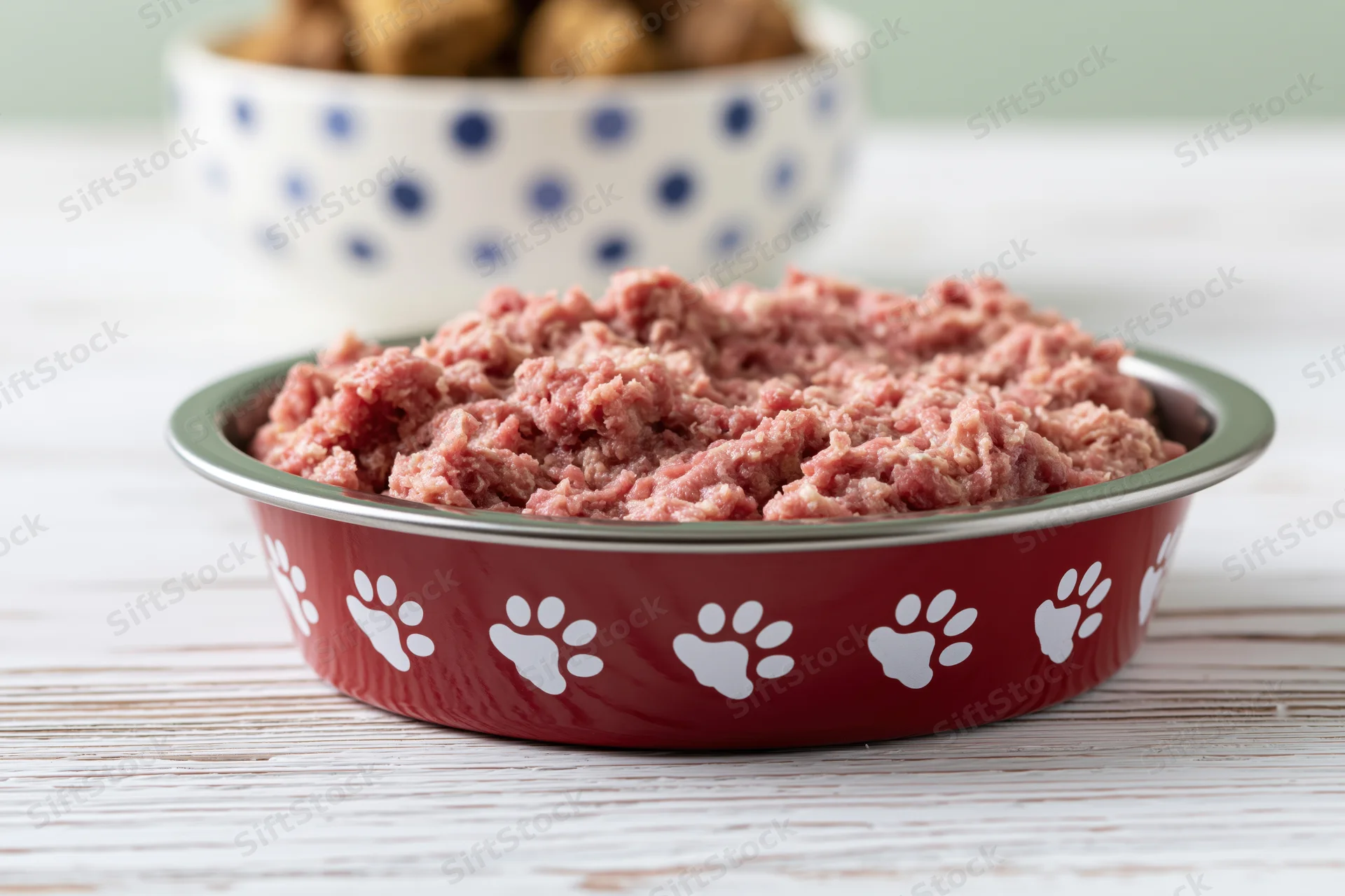 Raw minced meat in a red metal pet bowl with white paw prints on a wooden table
