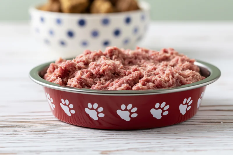 Raw minced meat in a red metal pet bowl with white paw prints on a wooden table
