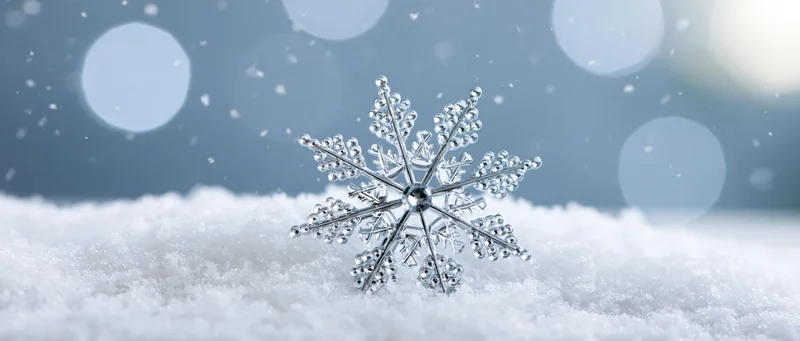 Crystal snowflake ornament resting on soft snow with bokeh lights in background