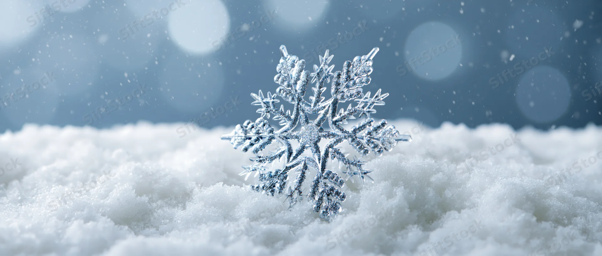 Crystal snowflake ornament resting on soft snow with bokeh background