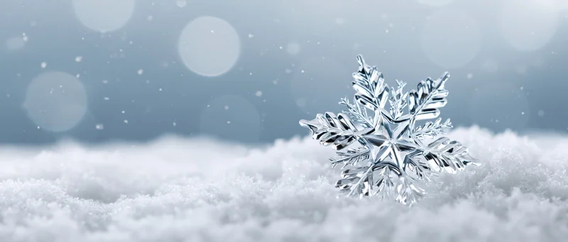 Crystal snowflake ornament resting on soft snow with bokeh background