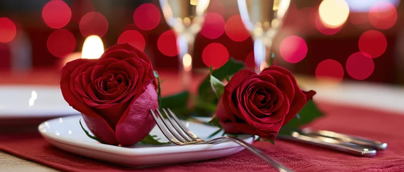 Two red roses shaped like hearts on a white plate with cutlery and wine glasses on a red tablecloth at a romantic dinner setting