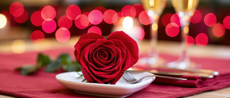 Heart-shaped red rose on white plate at romantic dinner table with candlelight and wine glasses