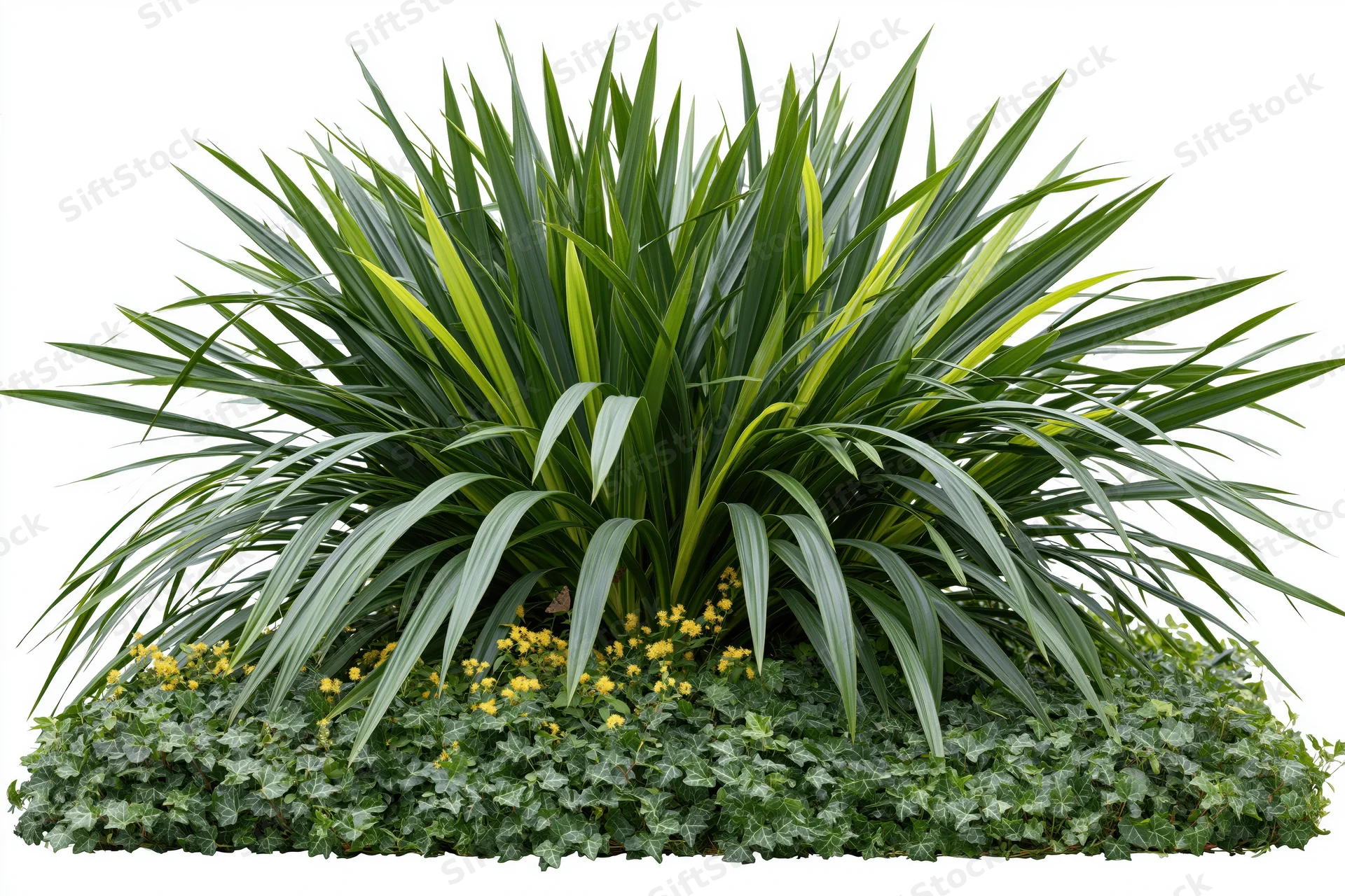 Dense clump of tropical grass and ivy ground cover on white background