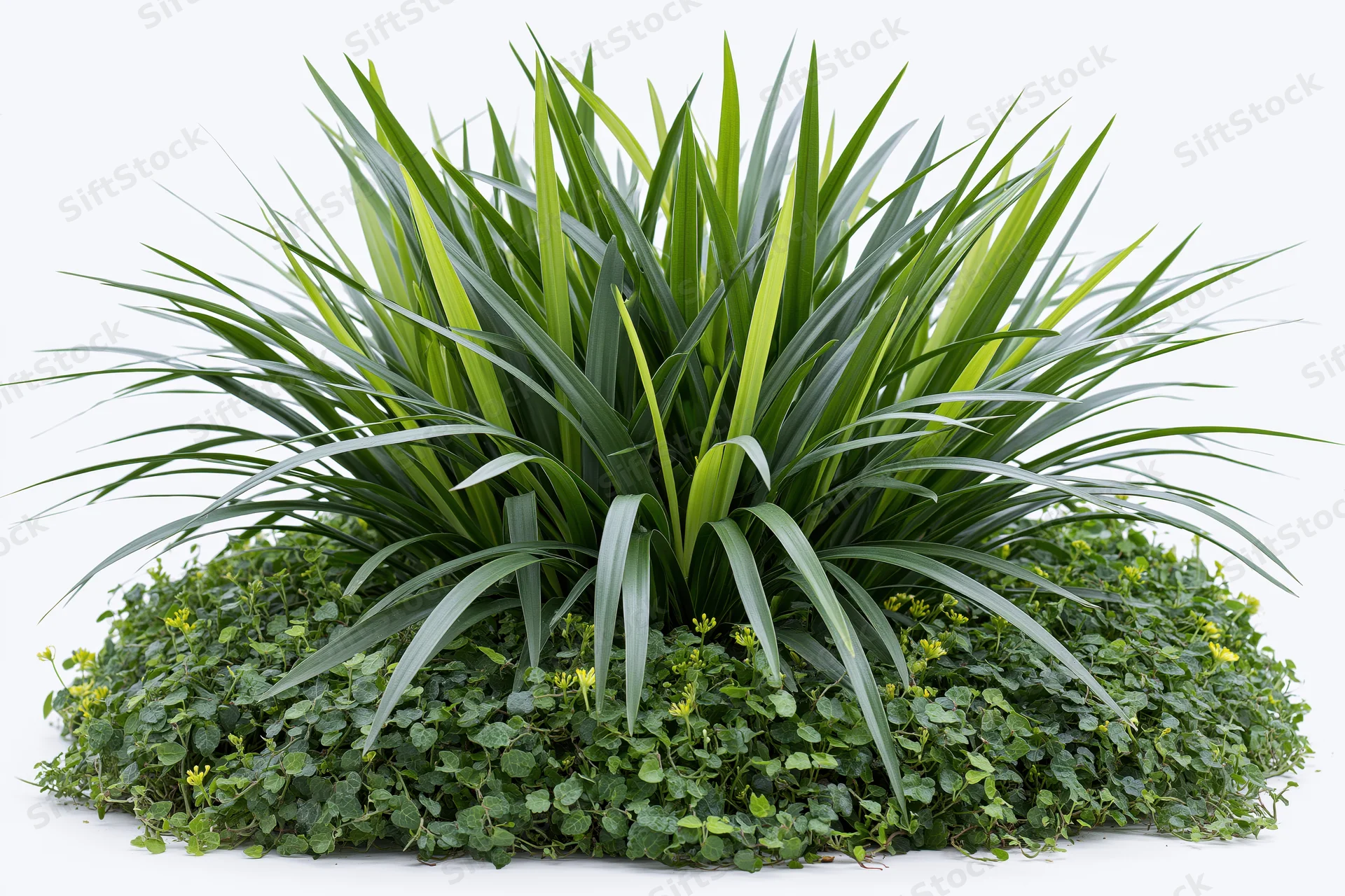 Dense clump of tropical grass and low ground cover plants on white background