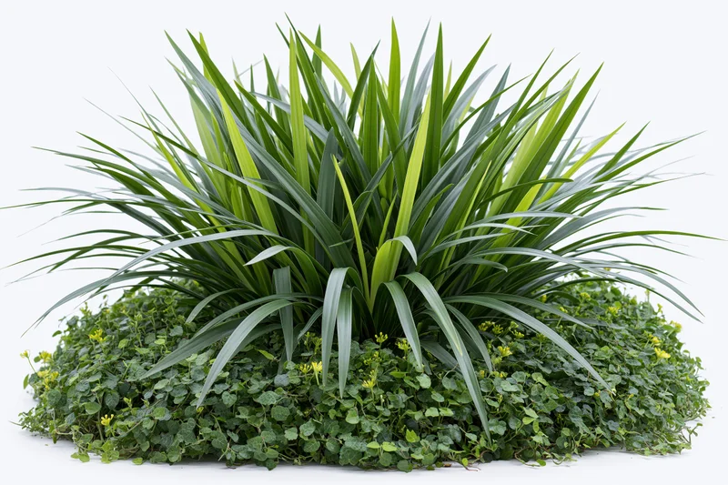 Dense clump of tropical grass and low ground cover plants on white background