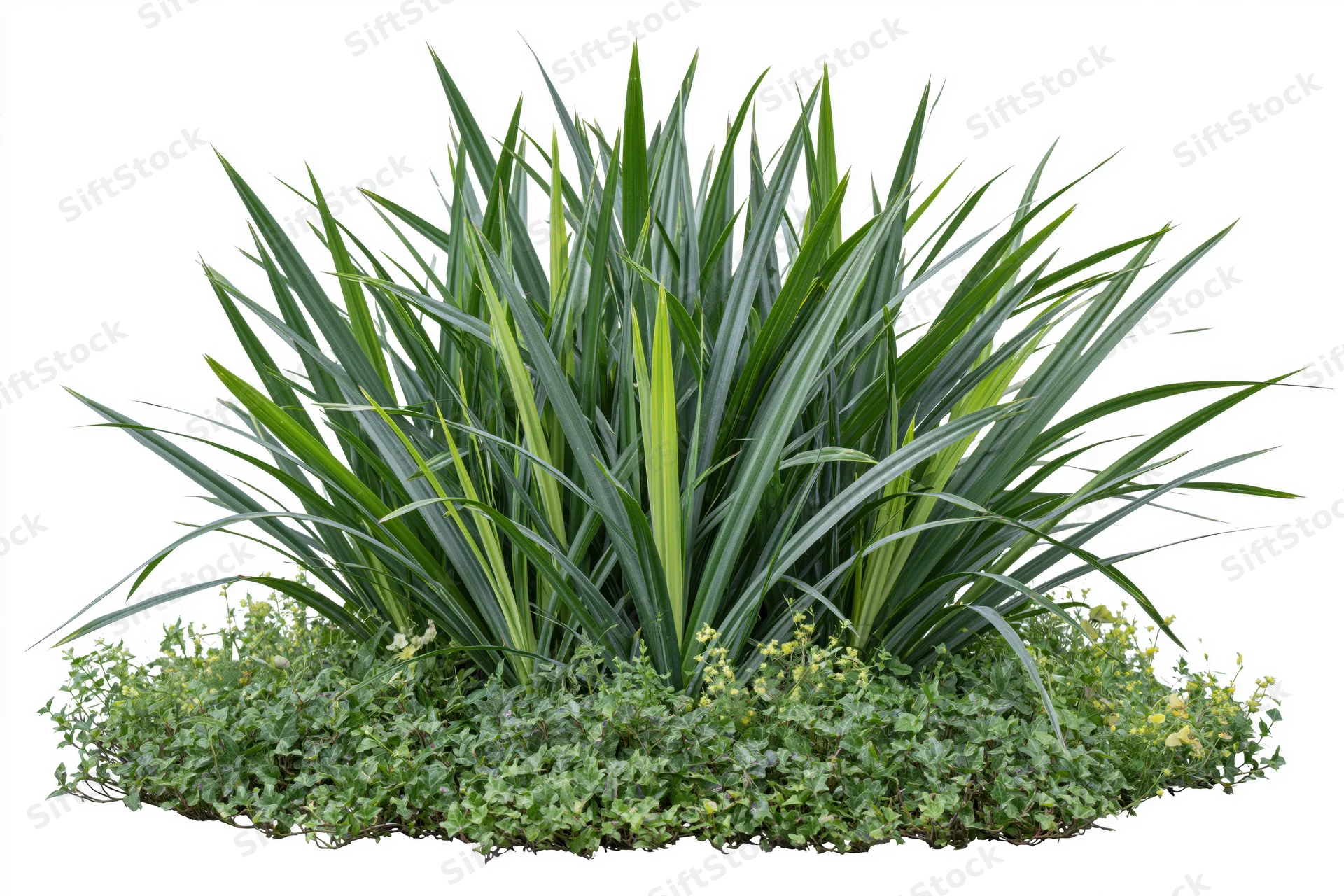 Dense clump of tropical grass and low ground cover plants isolated on white