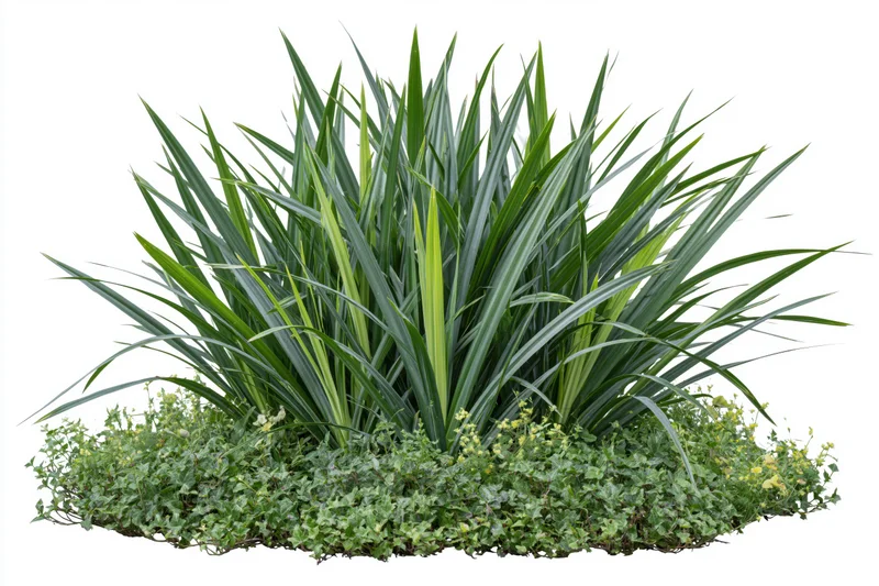 Dense clump of tropical grass and low ground cover plants isolated on white
