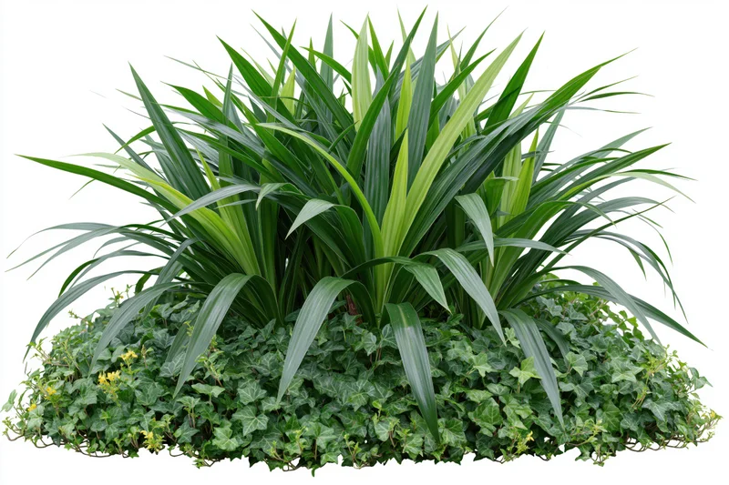 Dense clump of tropical grass and ivy ground cover plants isolated on white