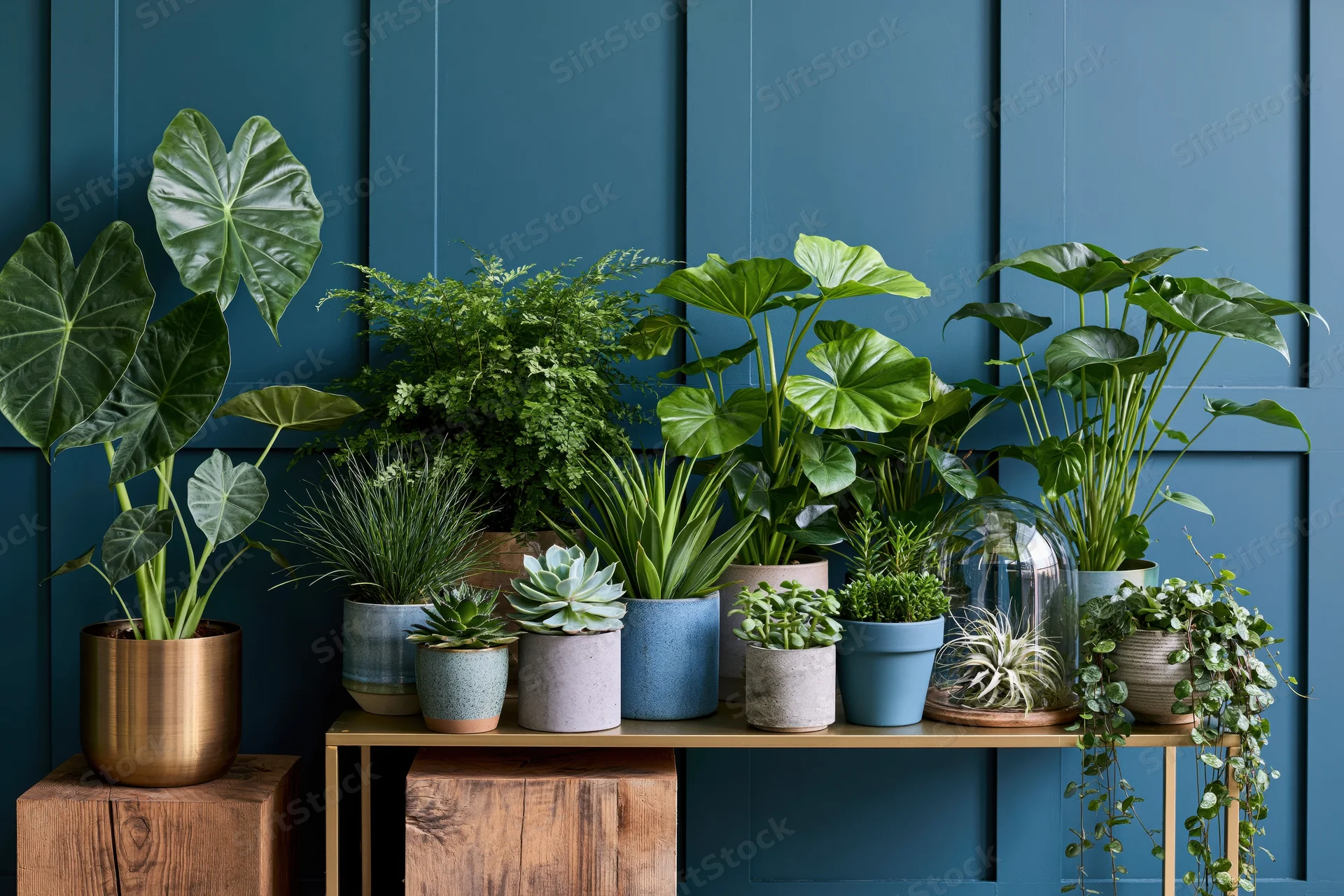 Houseplants arranged on a gold-legged table against a blue paneled wall