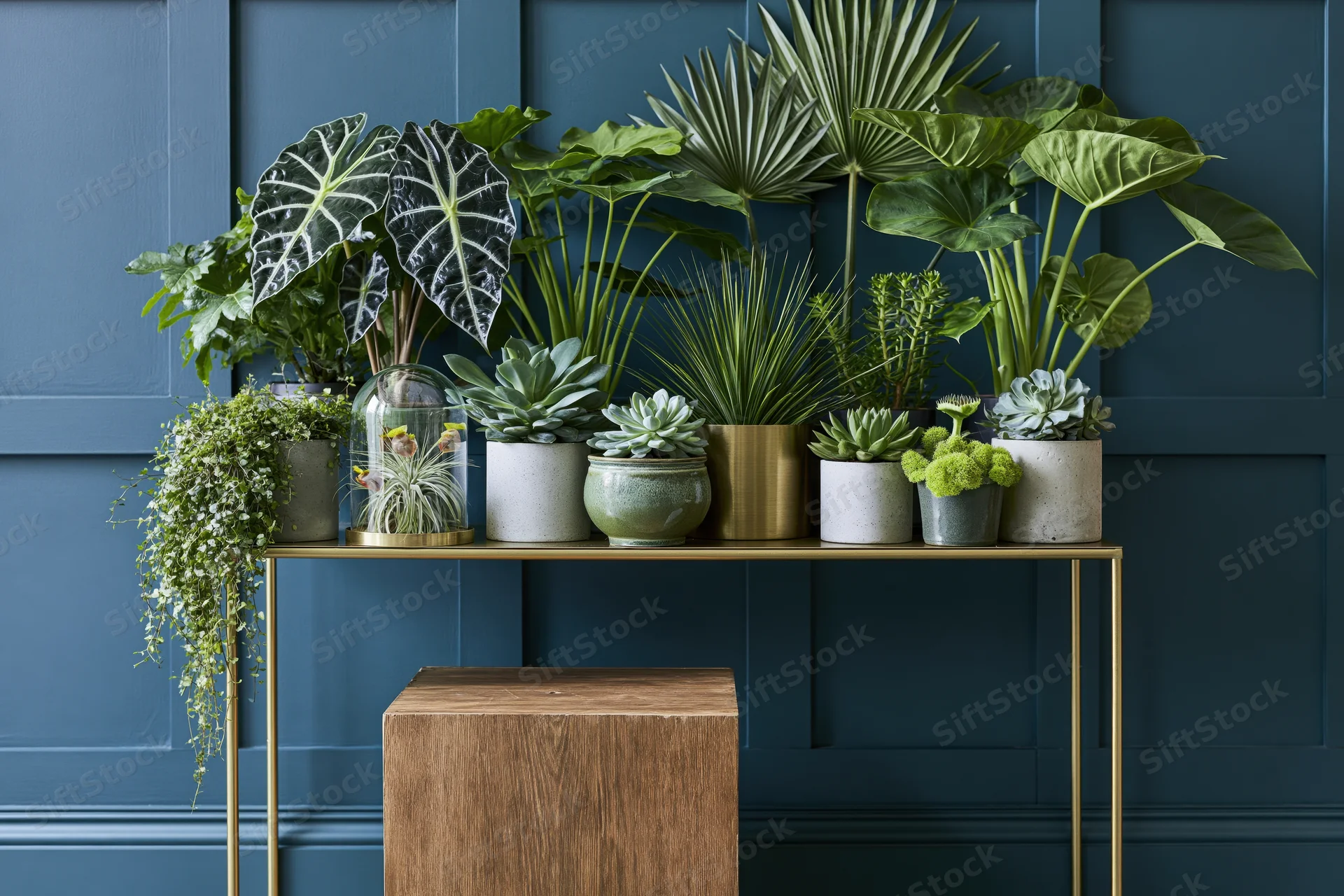 Dense arrangement of houseplants in various pots on a gold-legged console table against a blue paneled wall