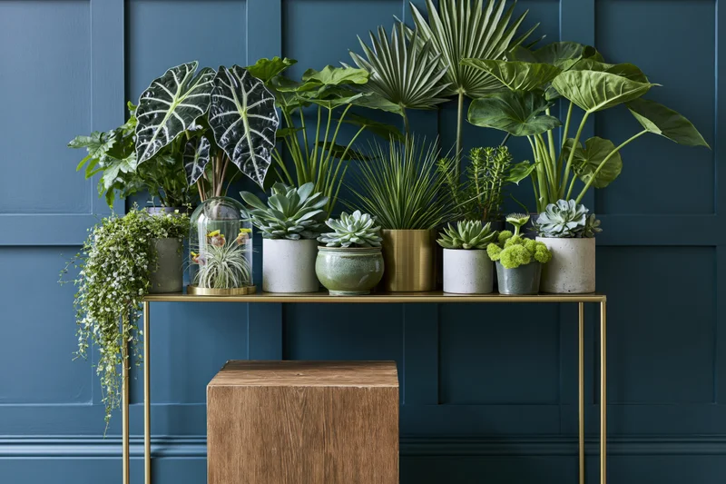 Dense arrangement of houseplants in various pots on a gold-legged console table against a blue paneled wall