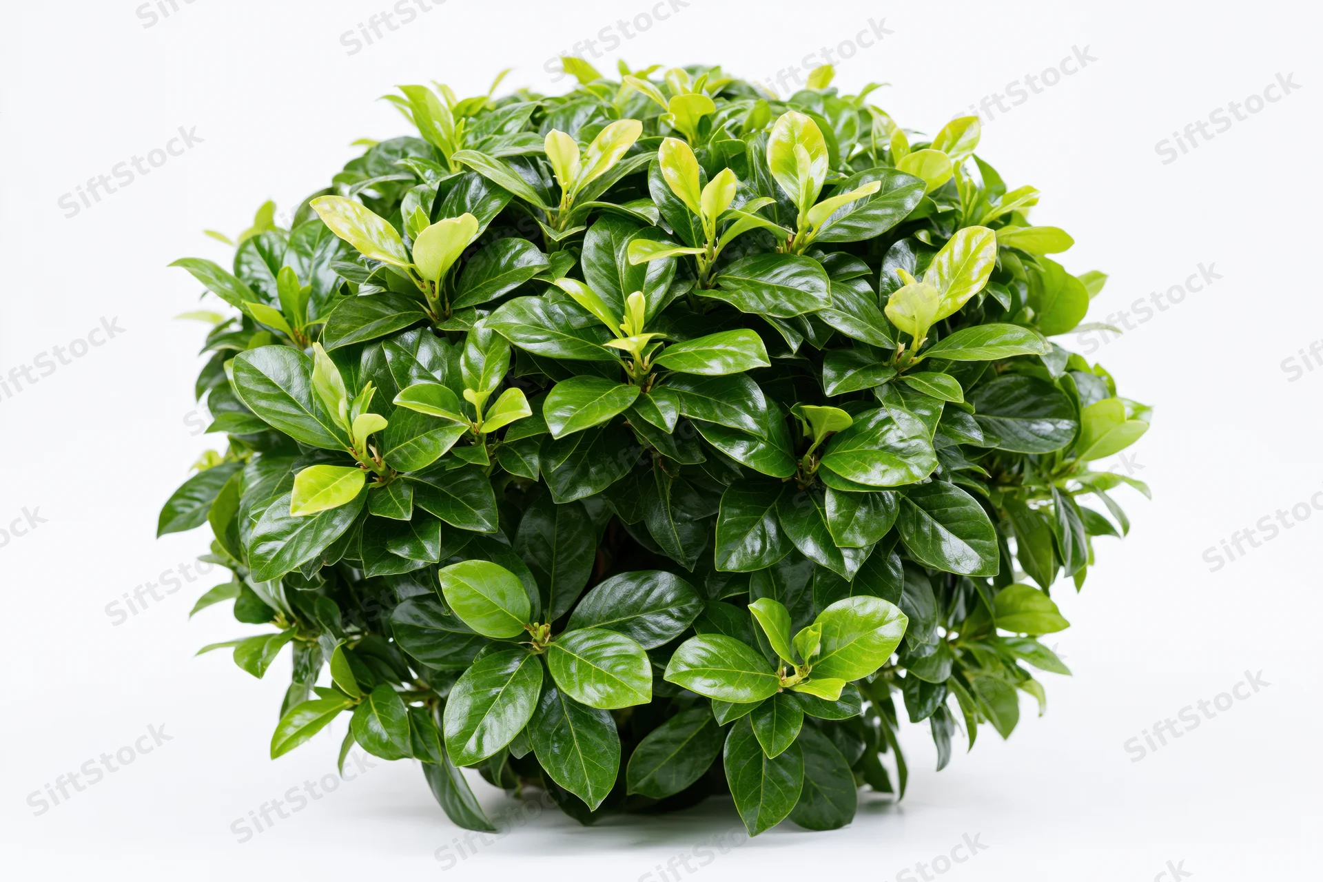 Dense rounded shrub with glossy broad green leaves isolated on white background