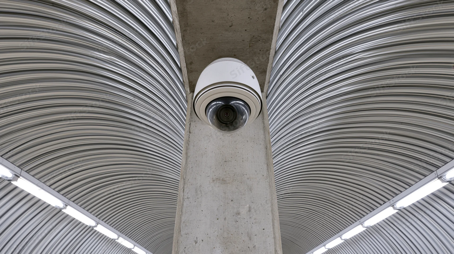 Dome security camera mounted on concrete pillar under corrugated metal ceiling