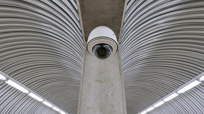 Dome security camera mounted on concrete pillar under corrugated metal ceiling