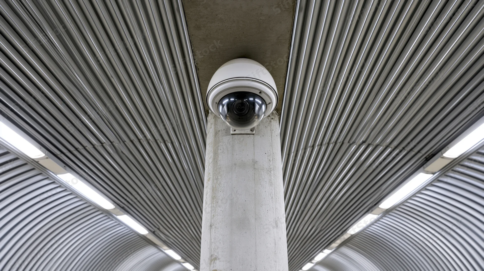 Dome security camera mounted on concrete pillar under ribbed metal ceiling in subway station