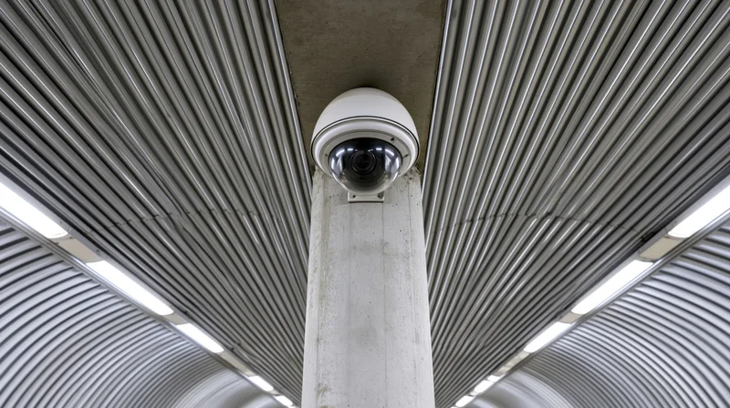 Dome security camera mounted on concrete pillar under ribbed metal ceiling in subway station