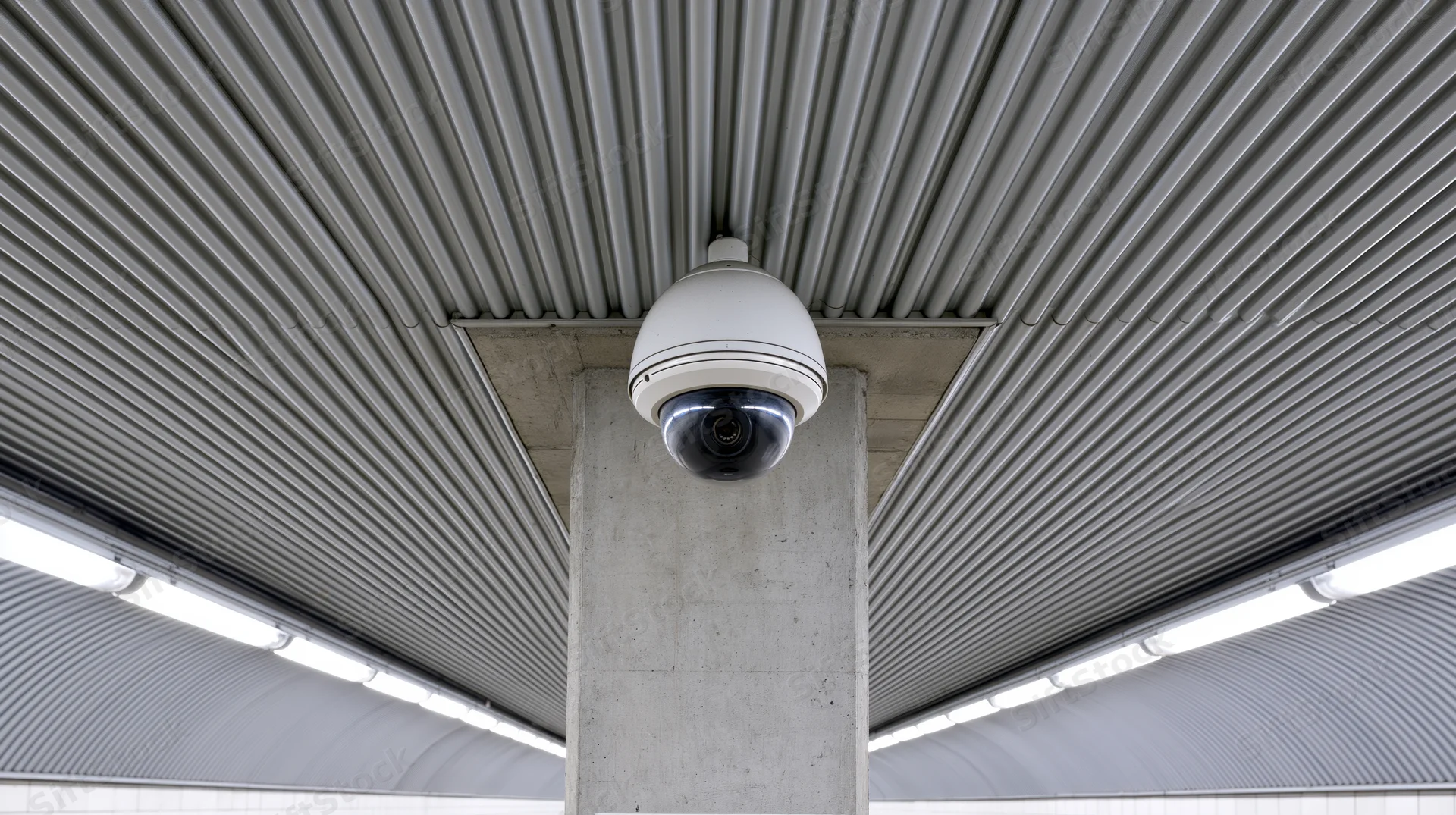 Dome security camera mounted on concrete pillar under ribbed ceiling in industrial building interior