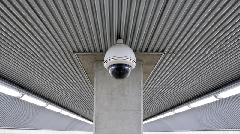 Dome security camera mounted on concrete pillar under ribbed ceiling in industrial building interior