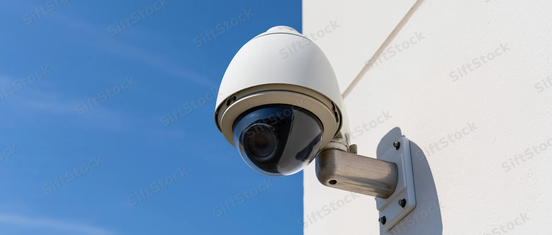 Dome security camera mounted on white metal bracket against blue sky and building wall