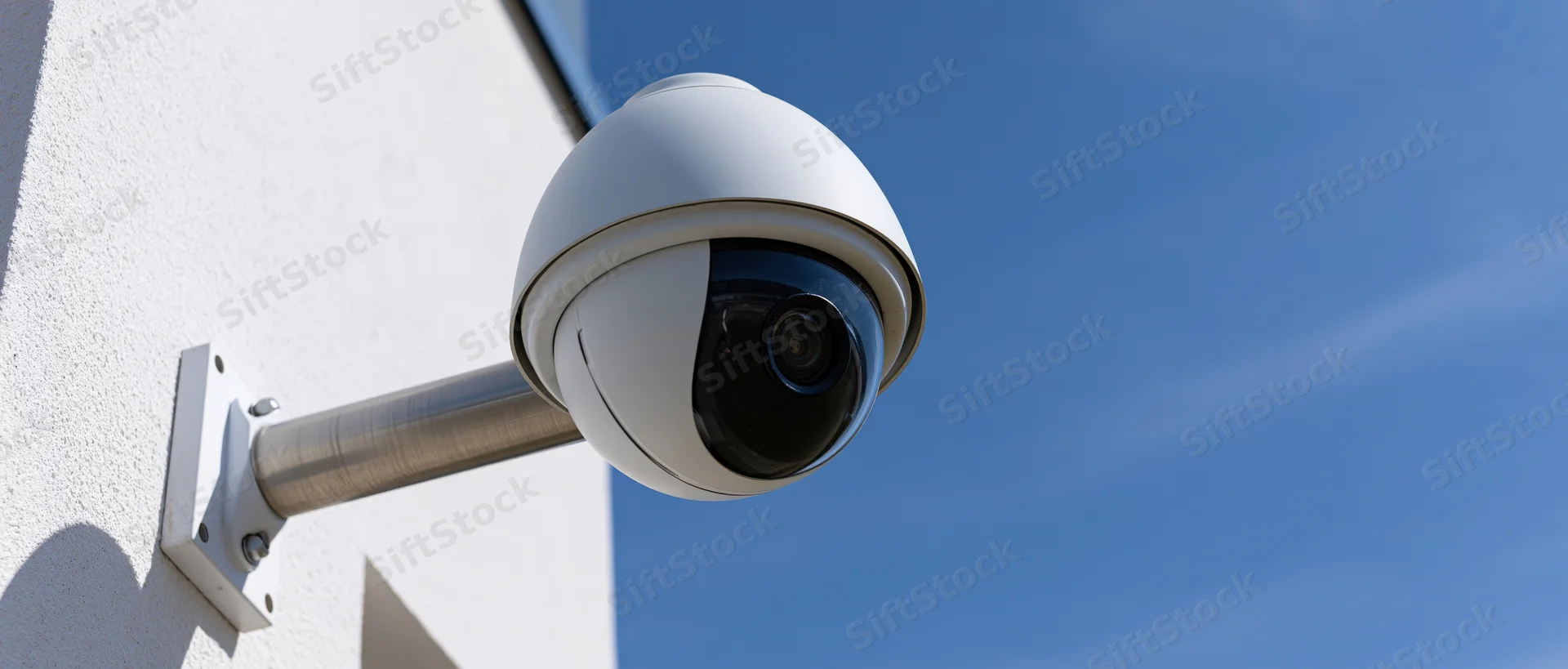 Dome security camera mounted on metal bracket attached to white wall under clear blue sky